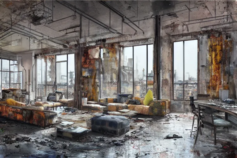 Image similar to palette knife oil pairing of an open - plan loft apartment with a panoramic view of a grim industrial landscape of cooling towers and rusted silos. inside, the apartment is fancy but filled with mess. extreme detail, artstation trending, artgerm, deviant art, octane, substance, art history 8 k