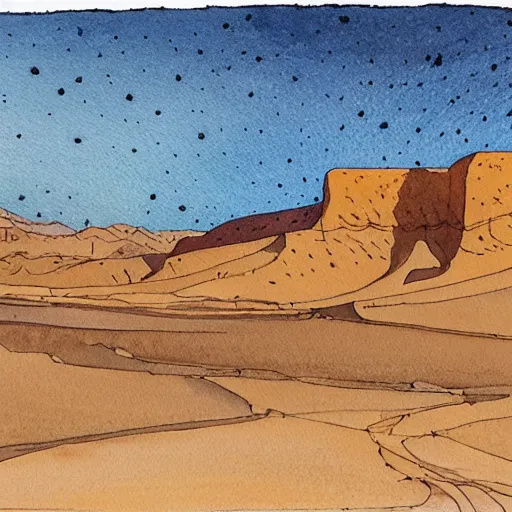 Prompt: desert landscape painting at twilight, watercolor, pen and ink, intricate lines, elegant, extreme detail, smooth, sharp focus, art by greg rutowski and vermeer and edward church