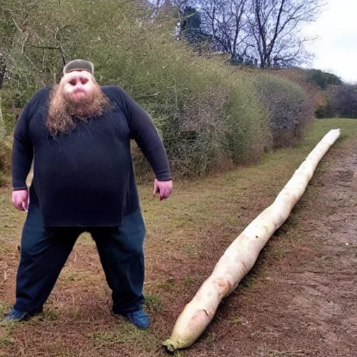 Image similar to a photo of a very hairy fat man with long hair holding a 2 0 m long yam