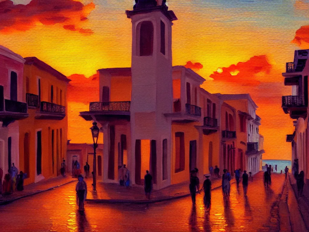 Prompt: of an impressionist oil painting of a sunset in the street of old san juan in puerto rico, hyper - detailed, 8 k, cinematic, octane render, by greg rutkowski