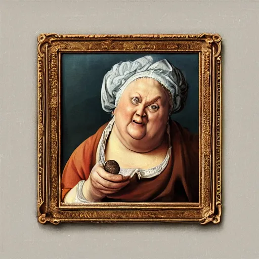 Image similar to of a very funny renaissance style oil painting of a sweet fat old woman kissing her reflection. symmetrical face, red mouth, blue eyes. a flowered dress. a hyper - realistic scene. 3 d, octane processing, deep focus, white scene. a very funny and sweet picture. unreal engine. watercolor. fellini cinematic style. poster quality. freud painting style.
