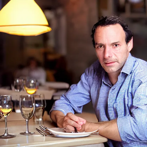 Prompt: photo in the year 1 9 9 0 of a frenchman from france seated in a restaurant. 5 0 mm, studio lighting