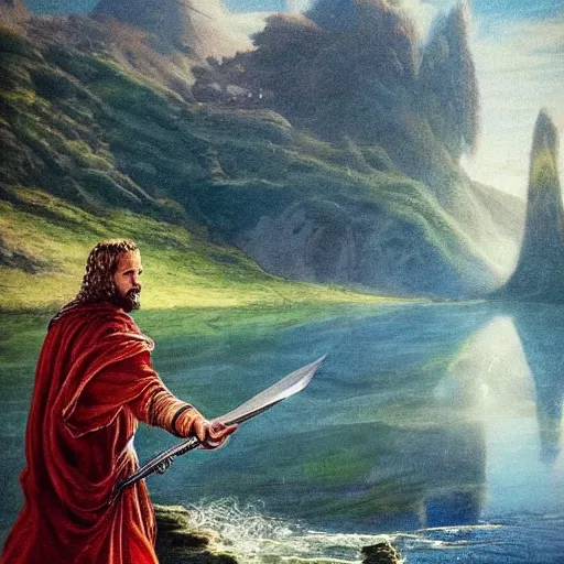 Prompt: “realistic rendition of king Arthur taking the sword from the lake, high definition, realistic water reflections, high quality”