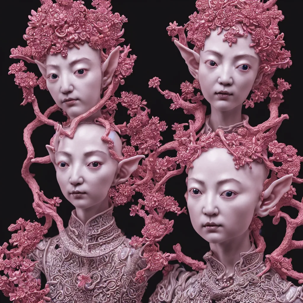 Prompt: A Close up photo-real delicate ceramic porcelain sculpture of an ornate detailed Elf in front of a intricate background by Victo Ngai and takato yamamoto, micro detail, backlit lighting, subsurface scattering, translucent, thin porcelain, octane renderer, neon lights, hot Pink and Black, physically based rendering, japanese pottery, trending on cgsociety