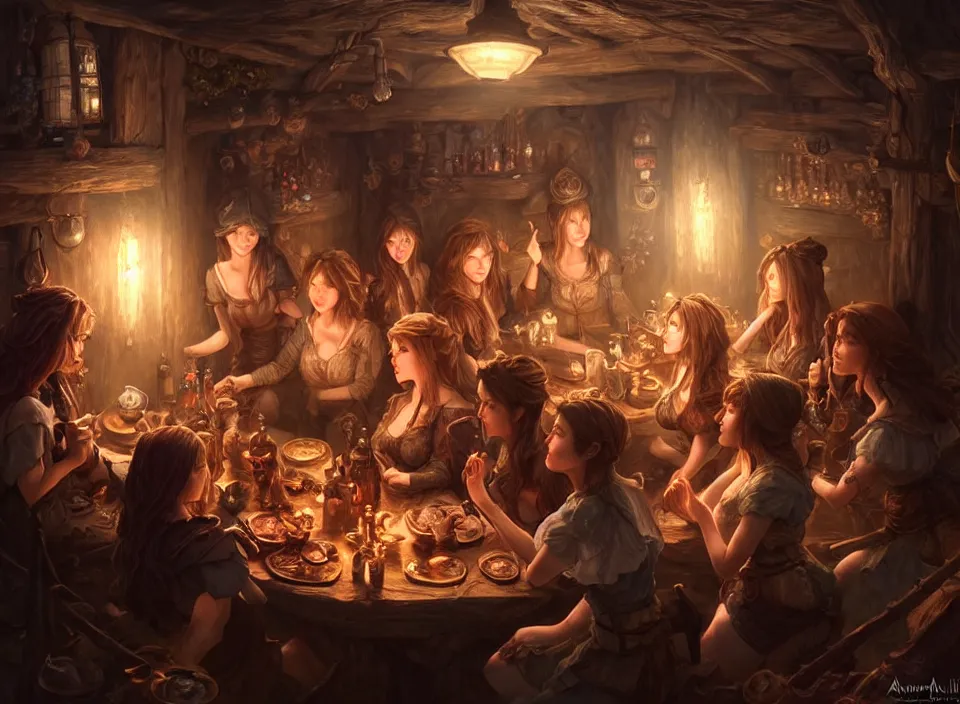 Prompt: a beautiful adventuring group of women, dimly-lit cozy tavern, relaxed pose, fantasy art, detailed painterly digital art style drawn by artgerm, beautifully detailed render, post-processing, extremely hyperdetailed, intricate, epic composition, grim yet sparkling atmosphere, cinematic lighting + masterpiece, trending on artstation, very detailed, vibrant colors