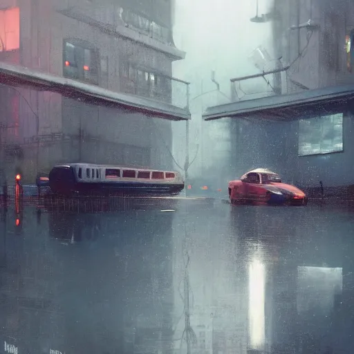 Image similar to detailed portrait of a woman, moment, chillwave elevated train, electronic billboards, tech noir, wet reflections, atmospheric, ambient, livia prima, greg rutkowski, edward hopper, pj crook