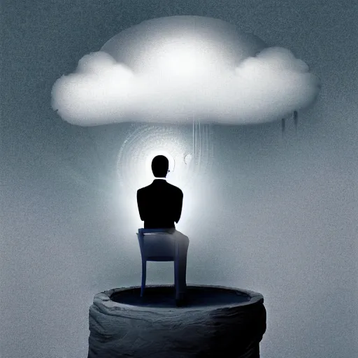 Prompt: a man thinking with closed eyes while his thoughts form a cloud above his head, intricate, surreal,