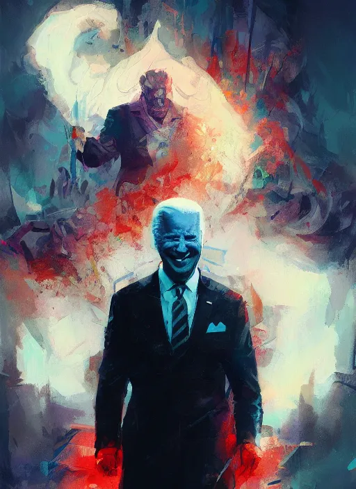 Image similar to dark Joe Biden grinning emperor of the world with big american devil horns, high contrast, cosmic horror, abstract, masterpiece, trending on ArtStation, by Greg Rutkovski and by Craig Mullins and by David Cronenberg and by Ismail Inceoglu