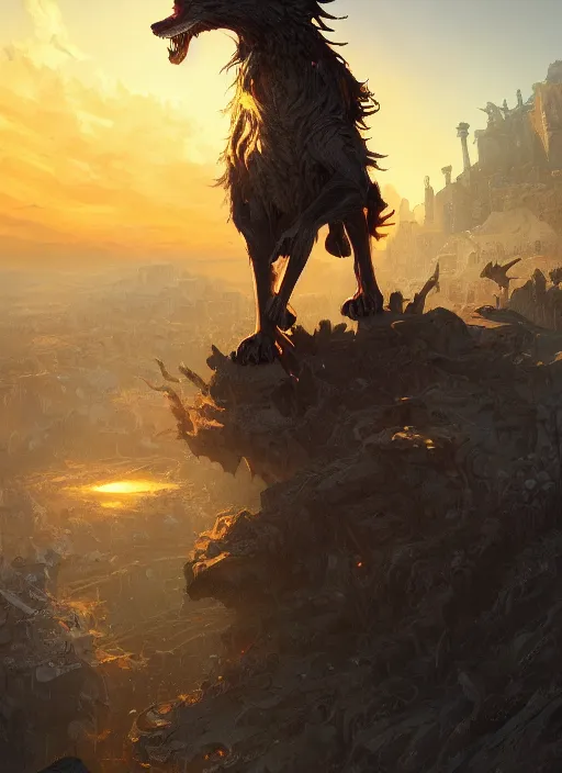 Prompt: a beautiful artwork illustration, rim light Fenrir standing over a medieval village at sunset, destruction, by Greg Rutkowski and Jesper Ejsing and Raymond Swanland, featured on artstation, wide angle, vertical orientation