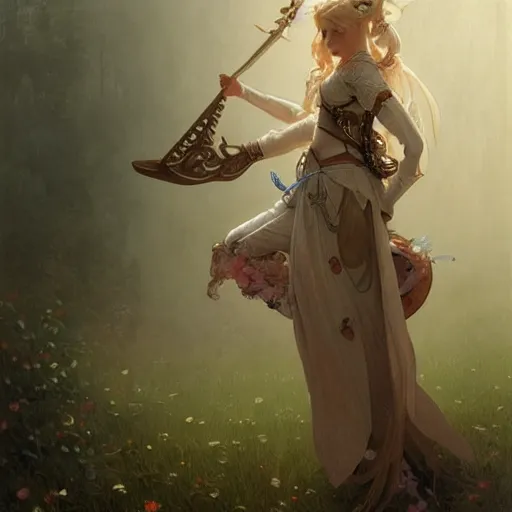 Image similar to elf fairy blond with a beautiful face, holding a lute, wearing a cardigan, highly detailed, intricate, digital painting, artstation, sharp focus, illustration, art by jakub rozalski, greg rutkowski, artgerm, tan zi and ayanamikodon and alphonse mucha and wlop