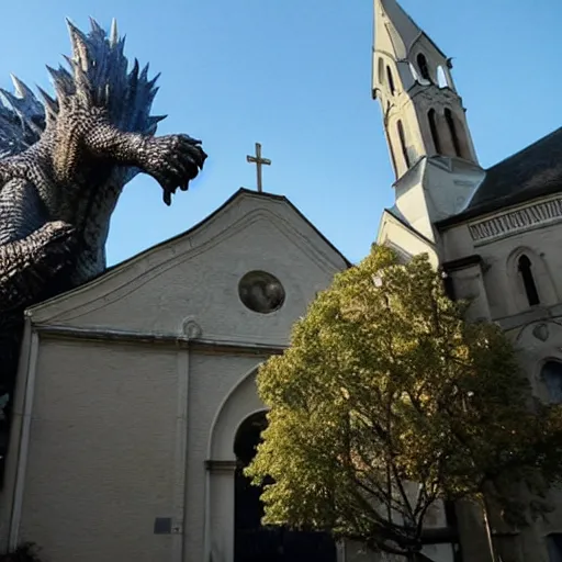 Prompt: the church of moigny sur ecole is being attacked by godzilla