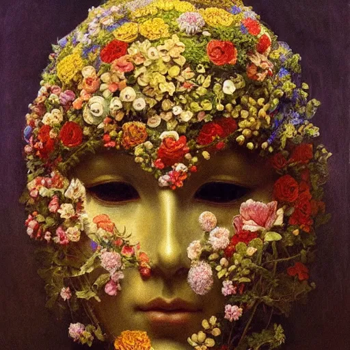 Image similar to masterpiece painting of a facemask made of flowers, by annie swynnerton and jean delville and tino rodriguez, flower mask, symbolist, dramatic lighting, god rays, elaborate geometric ornament, clean crisp graphics, soft cool colors, smooth, sharp focus, extremely detailed