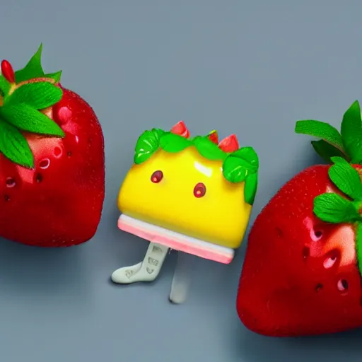Prompt: a cute strawberry with two front teeth, holding a yellow toothbrush, in the style of chiho aoshima