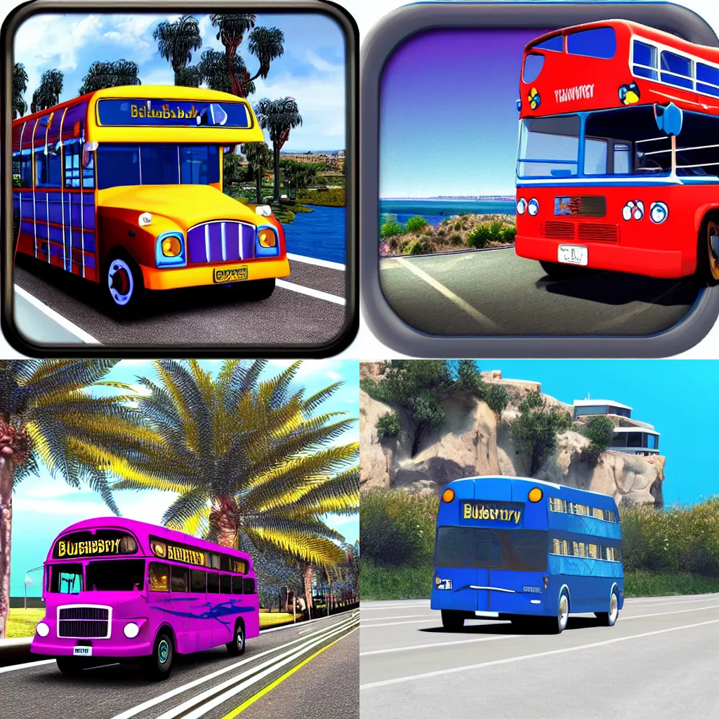 Prompt: blueberry bus driving down san diego, hd, realistic