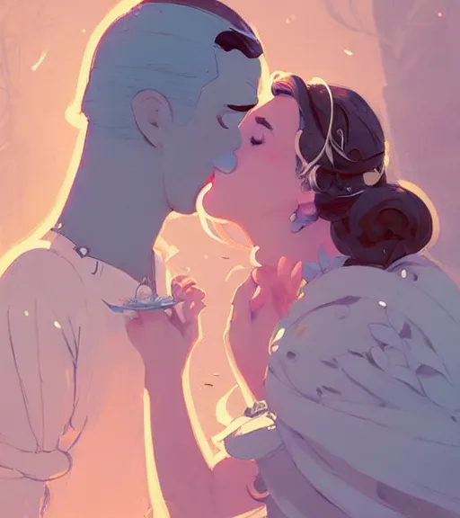 Image similar to a princess and a king almost kissing in the beautiful garden by atey ghailan, by greg rutkowski, by greg tocchini, by james gilleard, by joe fenton, by kaethe butcher, dynamic lighting, gradient light blue, brown, blonde cream and white color scheme, grunge aesthetic