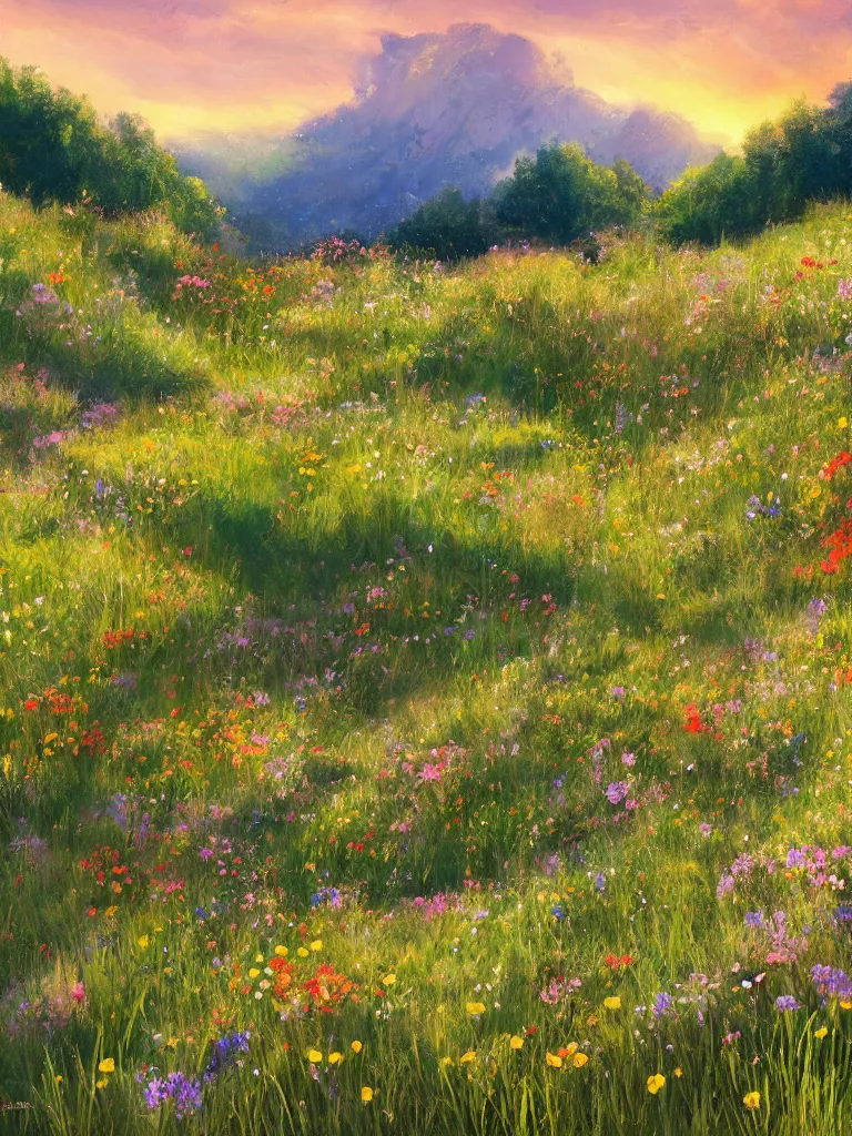 Image similar to wildflowers on the hillside by disney concept artists, blunt borders, rule of thirds, golden ratio, godly light