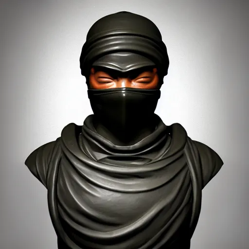 Image similar to 3 d octane rendering, marble statue of ninja wearing full face mask and hunter hat, vfx art, sharp, detailed, pinterest, unreal engine, behance, technological, octane render