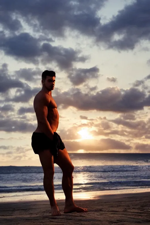 Prompt: beautiful curvy man posing on beach dramatic sunset sun page 3 moisture sweating gorgeous muscular cinematic lighting