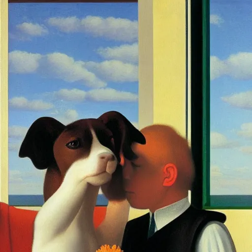 Image similar to listening with one ear forward by Raphael, Hopper, and Rene Magritte. detailed, romantic, enchanting, trending on artstation.