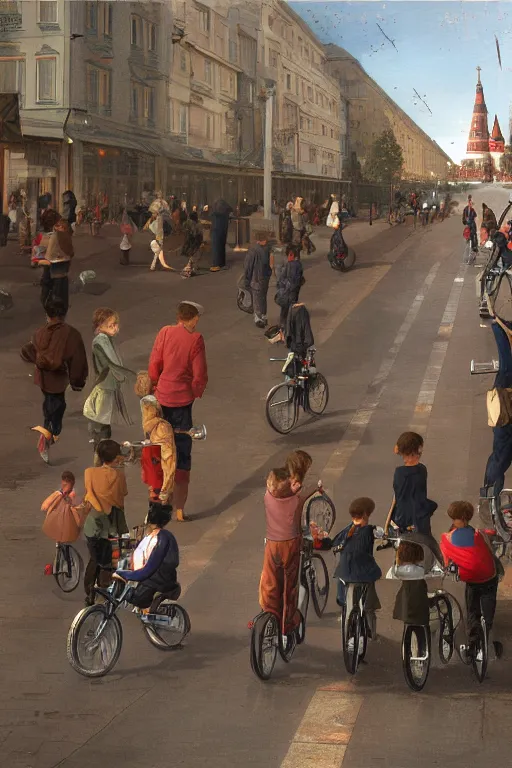 Image similar to schoolchildren go for distillation on flying bicycles, driving at the red light of the traffic light, through the streets of moscow of the future, highly detailed, artstation, illustration, jurgens, rutkowski, bouguereau, canon eos r 3