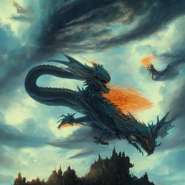 Image similar to huge dragon, fire, floating city on clouds, by wayne barlowe, peter mohrbacher, kelly mckernan, epic scene, 4 k, fantasy, colorful, environment, highly detailed