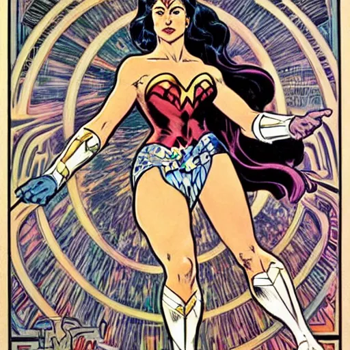 Image similar to wonder woman. well composed, clean elegant painting, beautiful detailed face. comic book art by steve ditko and jack kirby and ( alphonse mucha )