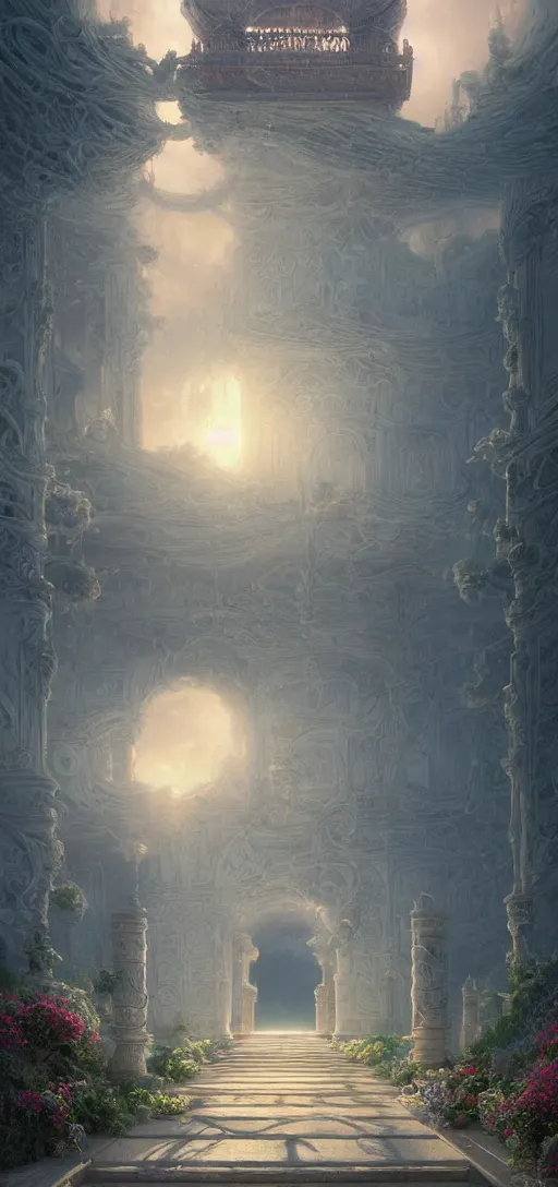 Prompt: vanishing point palace is like the kremlin covered with aqua blue roses on a lake, viewed from afar, stephen bliss, misty, unreal engine, fantasy art by greg rutkowski, loish, ferdinand knab, and lois van rossdraws,, global illumination, radiant light, minimalist, detailed and intricate environment