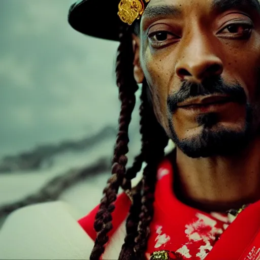 Image similar to cinematic film still of Snoop Dogg starring as a Samurai holding fire, Japanese CGI, VFX, 2022, 40mm lens, shallow depth of field, film photography