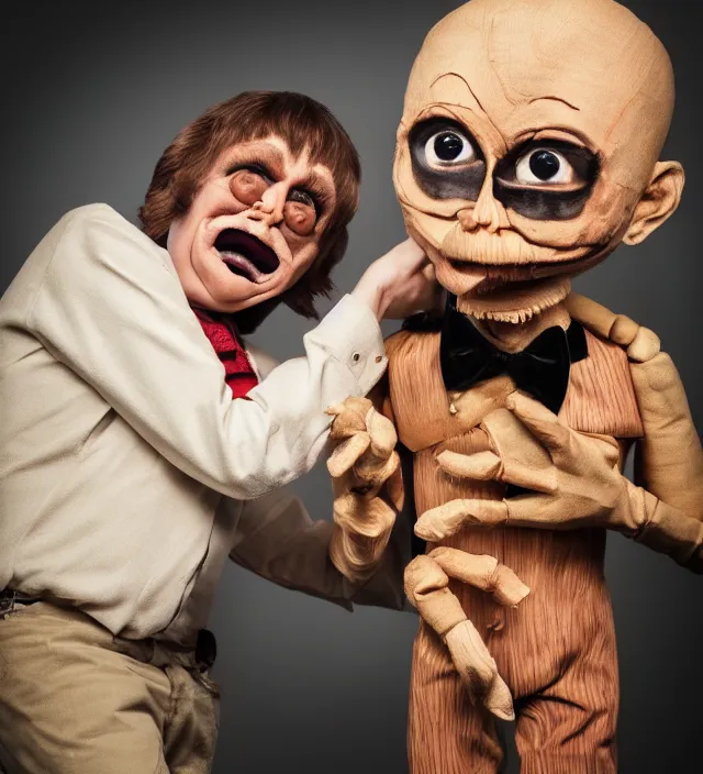 Prompt: hyper realistic photography of horror ventriloquist with wooden puppet