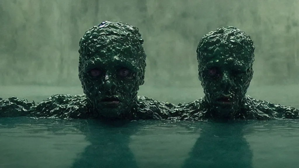 Image similar to the strange creature that fell in love with me, made of water and oil, film still from the movie directed by Denis Villeneuve with art direction by Jack Kirby, wide lens