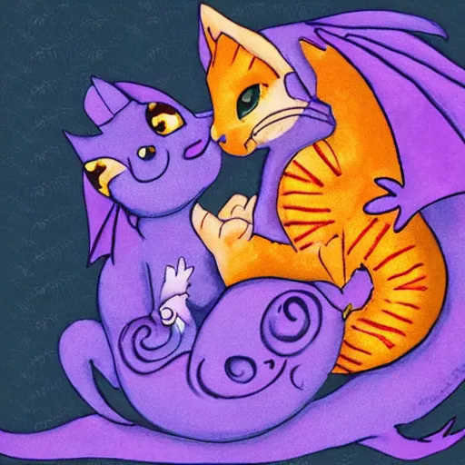 Image similar to small cute purple dragon, the dragon is hugging an orange tabby cat, soft, cozy