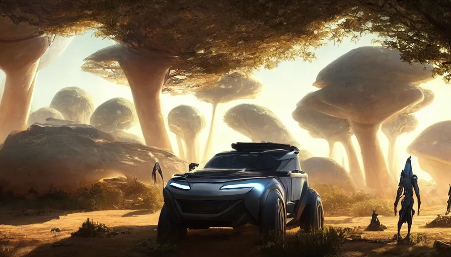 Prompt: a futuristic suv designed by ford driving through madagascar with baobabs trees, artgerm and greg rutkowski and alphonse mucha, an epic fantasy, volumetric light, detailed, establishing shot, an epic fantasy, trending on art station, octane render, midsommar