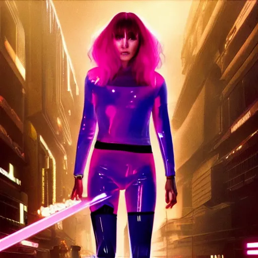 Image similar to joi from blade runner 2 0 4 9 as a giant pink skinned translucent hologram with blue hair, neo noire