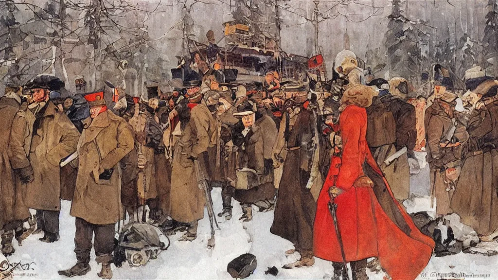 Prompt: russian revolution dieselpunk 1 9 1 0, dusk, drama, painting by carl larsson