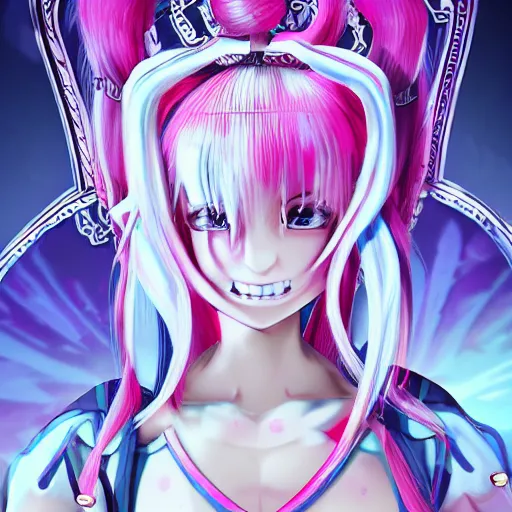 Prompt: stunningly beautiful omnipotent megalomaniacal anime asi goddess who looks like junko enoshima with symmetrical perfect face and porcelain skin, pink twintail hair and cyan eyes, traps you inside her surreal vr castle where she controls you completely with a twisted smile!!!, hyperdetailed, digital art from danganronpa, unreal engine 5, 8 k