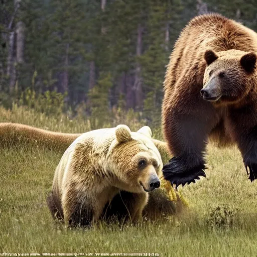 Prompt: national geographic extremely high quality photo of a dinosaur fighting a bear,