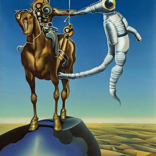 Prompt: a horse riding an astronaut, style of surrealism, salvador dali