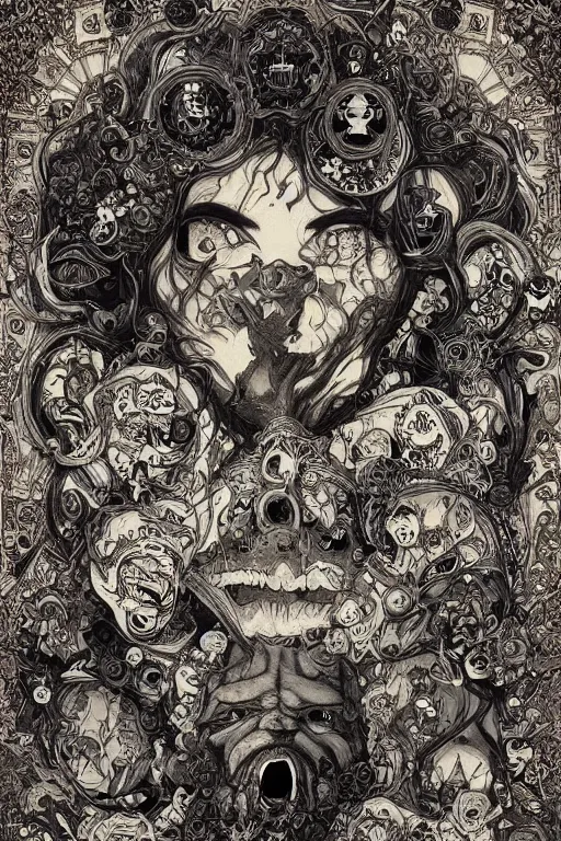 Prompt: portrait of thousands of cartoon faces that are made up of faces, black paper, baroque, rococo, tarot card with ornate border frame, marc Simonetti, paul pope, peter mohrbacher, detailed, intricate ink illustration