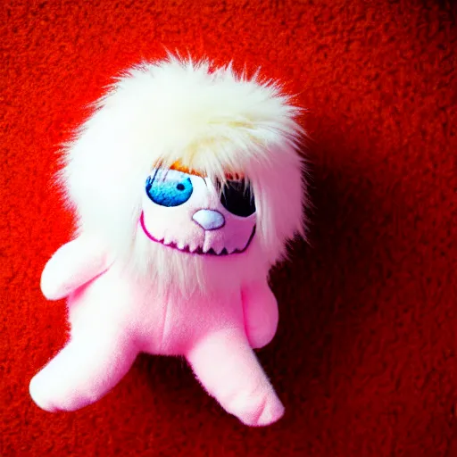 Image similar to lomography long shot of cute plush fluffy chthonic monster made to look like a baby, bokeh background, lsd colors