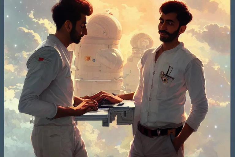 Image similar to Sensual good looking pale young Indian doctors wearing jeans in a space station above Earth, portrait, elegant, intricate, digital painting, artstation, concept art, smooth, sharp focus, illustration, art by artgerm and greg rutkowski and alphonse mucha