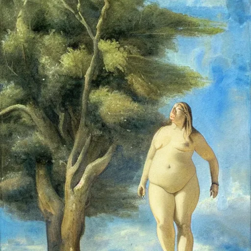 Image similar to _ in _ these _ paintings _ we _ see _ a _ big and tall _ woman in a void space with a tree, 8 k, realistic, in the style of delacroix watercolor, edward hooper, medium shot, studio light, thick oil paint with brushstrokes of paint, impasto, bright, happy detailed,