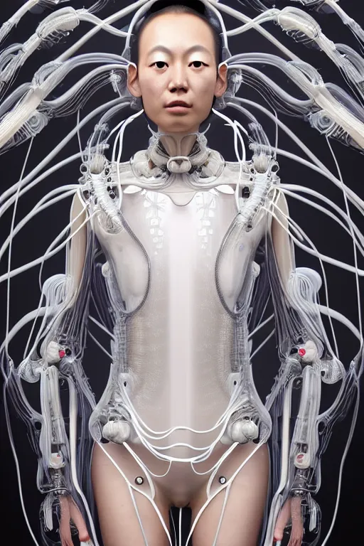 Image similar to young asian woman, iris van herpen, beautiful face, perfect symmetrical body, full body shot, inflateble shapes, wires, tubes, veins, jellyfish, white biomechanical details, wearing epic bionic cyborg implants, masterpiece, intricate, biopunk, vogue, highly detailed, artstation, concept art, cyberpunk, octane render