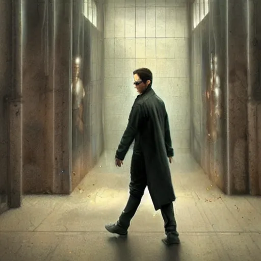 Prompt: a man walking into the matrix, concept art, illustration, highly detailed, artwork, cinematic, hyper realistic painting