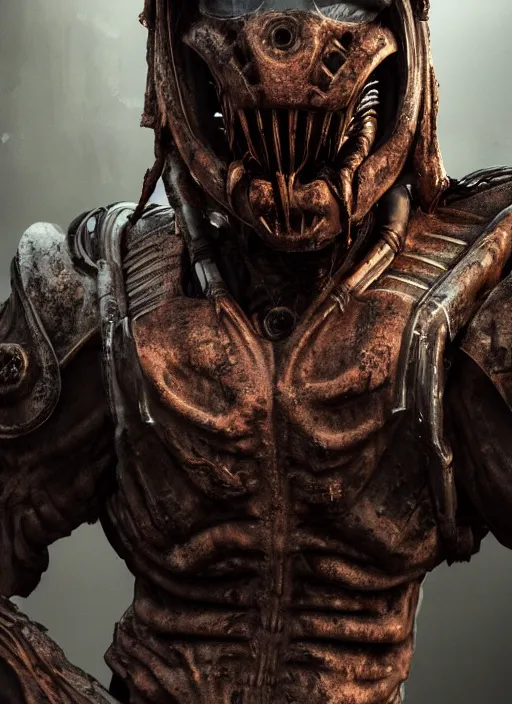 Image similar to a photorealistic dramatic hyperrealistic render of predator the alien hunter, ultra realistic details, well worn, rust, oil stains designed by vitaly bulgarov and mike nash, beautiful dramatic dark moody tones and lighting, cinematic atmosphere, studio lighting, global illumination, shadows, dark background, octane render, 8 k