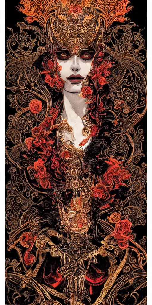 Prompt: the empress + black paper + elements + red + gold + neon + baroque + rococo + white + orange + ink + tarot card, ornate + by marc simonetti, paul pope, peter mohrbacher, detailed, intricate ink illustration + damask