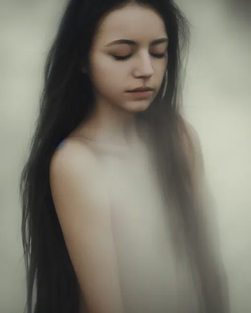 Image similar to photorealistic portrait of a beautiful young woman, very blurry, out of focus, translucent stone white skin, closed eyes, foggy, closeup