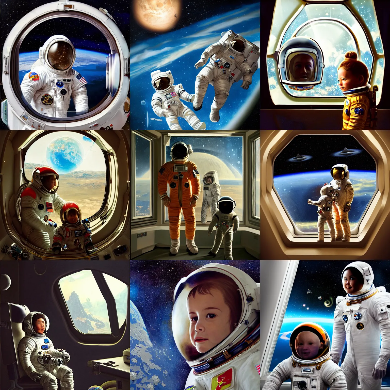 Image similar to a fully suited father astronaut with his fully suited toddler daughter, astronaut helmets, space station, earth on the window, deep focus, fantasy, intricate, elegant, highly detailed, painting by jacques - louis david, detailed art, artstation