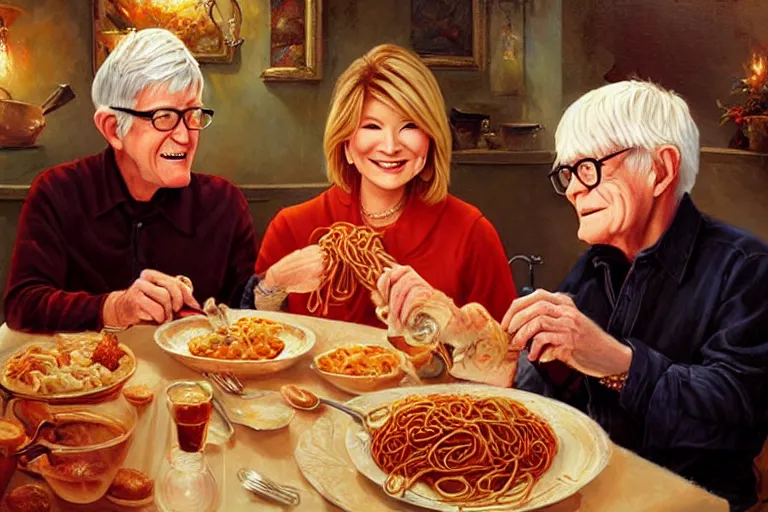 Prompt: martha stewart and phil donahue having a romantic spaghetti dinner, an oil painting by ross tran and thomas kincade