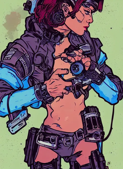 Image similar to maria. buff cyberpunk mercenary. portrait illustration, pop art, splash painting, art by ashley wood, alphonse mucha, laurie greasley and josan gonzales