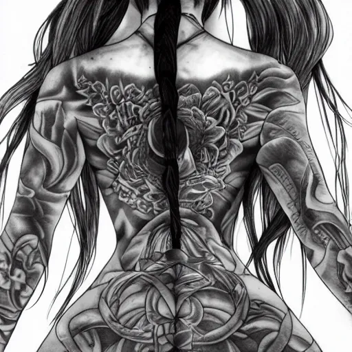 Image similar to muscular girl, long hair, tattooed back, HD, anime style,